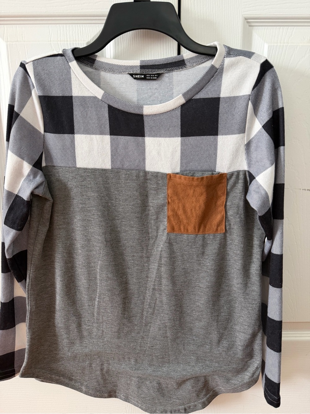 SHEIN Women’s Gray Buffalo Plaid Long Sleeve Top with Tan Pocket
